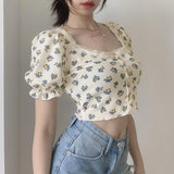 Pphmm Summer Women T-Shirts Vintage Printing Fashion Lac Tops  Streetwear Bubble Sleeve High Waist T-Shirt Female Tee Slim