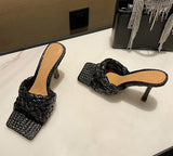 Summer Design Weave Square Toe Heels High Quality Slippers Gladiator Beach Womens Sandal Slides Shoes