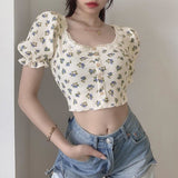 Pphmm Summer Women T-Shirts Vintage Printing Fashion Lac Tops  Streetwear Bubble Sleeve High Waist T-Shirt Female Tee Slim