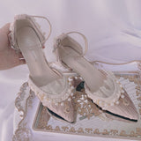 Lolita Elegance Shoe Pointed Toe High-heel 6cm Floral Wedding Pearl Star Moon Ornament Kawaii Tea Party Cosplay Anime Cute Shoes