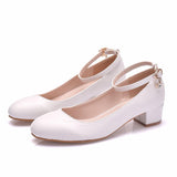 Crystal Queen White Women's Shoes Sexy Bride Party 3CM Pointed Toe Pumps  Round Head Shallow Mouth Buckle Thick High Heels