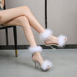 Feather Sandals Women Furry High Heels Ankle Plush Sandals Woman Transparent Heels With Fur Stripper Heeled Sandal Women Evening