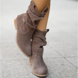 Winter Warm Suede Women Boots Vintage Zipper Shoes Buckle Lady Mid-Calf Boot Outdoor Thick Low Heel Female Pointed Booties