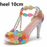 Crystal Queen Ankle Strap Women Sweet Fashion White Colored Floral Stilettos Party Tassel Bridal Wedding Shoes High Heel