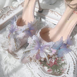 Sweet Flower Wedding Butterfly High Heels 5cm/8cm Lolita Woman Shoes Pearl Decoration Beautiful Girls Kawaii Fairy Wedding Shoes