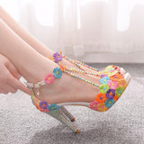 Crystal Queen Ankle Strap Women Sweet Fashion White Colored Floral Stilettos Party Tassel Bridal Wedding Shoes High Heel