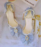 Princess kawaii shoes round head high heel Kawaii girl sweet lolita shoes pearl lace bowknot women shoes