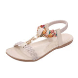 Women Sandals Summer Flat Heel Bohemian Sandals  Rhinestone Mixed Color Ladies Elastic Band Open Toes Beach Shoes