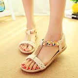 Women Sandals Summer Flat Heel Bohemian Sandals  Rhinestone Mixed Color Ladies Elastic Band Open Toes Beach Shoes