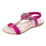 Women Sandals Summer Flat Heel Bohemian Sandals  Rhinestone Mixed Color Ladies Elastic Band Open Toes Beach Shoes