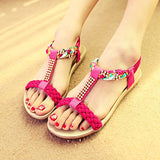 Women Sandals Summer Flat Heel Bohemian Sandals  Rhinestone Mixed Color Ladies Elastic Band Open Toes Beach Shoes