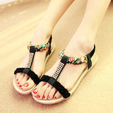 Women Sandals Summer Flat Heel Bohemian Sandals  Rhinestone Mixed Color Ladies Elastic Band Open Toes Beach Shoes