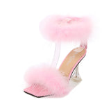 Feather Sandals Women Furry High Heels Ankle Plush Sandals Woman Transparent Heels With Fur Stripper Heeled Sandal Women Evening