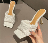 Summer Design Weave Square Toe Heels High Quality Slippers Gladiator Beach Womens Sandal Slides Shoes