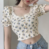 Pphmm Summer Women T-Shirts Vintage Printing Fashion Lac Tops  Streetwear Bubble Sleeve High Waist T-Shirt Female Tee Slim