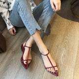 Women Flats Sandals Pointed Toe Narrow Band Design Sandals Ankle Buckle Strap Clip Toe Roman Style Casual Beach Shoes Summer