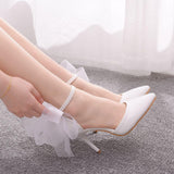 Crystal Queen Woman Satin Stiletto Elegant Ankle Strap Party Bow-knot Sandals Sexy High Heels White Wedding Shoes