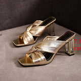 Womens Cross Strap High Heels Slippers  Summer Luxury Golden Square Toe Sandals Women Designer Clear Heel Slides Woman