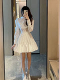 Elegant Hollow-out White Dresses For Women Spring New Long Sleeve Pleated Mini Dress French Style Shirt Vestidos