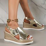 Gold Silver PU Leather Wedge Sandals for Women Summer Peep Toe Platform Sandles Woman Plus Size Thick Sole