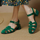 Shoes Women Genuine Leather Gladiator Sandals Thick Heel Sandals Mid Heels Buckle Kid Suede Ladies Footwear Summer Green