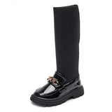 Winter Korean Over-the-knee Boot for Girls with Metal Chain Sock Boots Kids Fashion Solid Glossy Chic Girls Casual Shoe