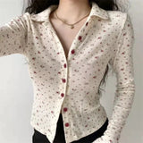 Vintage Cute Red Floral Print Fashion Woman Blouses Spring Turn Down Collar Long Sleeve Melville Tops Y2k Clothes