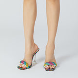 Fashion Runway Color Rhinestones Women Slippers Summer Square Toe Transparent High Heels Sandals Female Shoes Pumps Slides