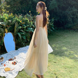 Women Apricot Backless Slip Dress Sundress Summer Elegant Fairy Casual Party Beach Vacation Long Runway Vestidos