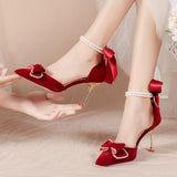 Pearl Ankle Strap Pumps Women Luxury Bowknot Red Dance Shoes Woman Sexy Pointed Toe Velvet Stiletto High Heels