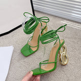 Liyke New Fashion Green Cross Ankle Strap Women's Strange High Heels Sexy Sandals Summer Pinch Narrow Band Square Toe Party Shoe