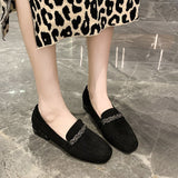 Crystal Chain Flock Loafers Women Low Heels Espadrilles Women Shoes Ballerina Retor Square Toe Nubuck Velvet Moccasins Flats