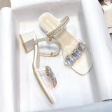 Fashion Rhinestone Sandals for Women Summer Square Heels Open Toe Slippers Woman Transparent PVC Jelly