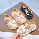 Toddlers Baby Girls Leather Shoes Children Flats T-strap Bow-knot with Pearls Princess Sweet Black Kids Shoes for Party British