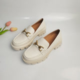 Women Genuine Leather Loafers Round Toe Flats Metal Decoration Ladies Fashion Casual Shoes Spring Autumn Black Beige 41