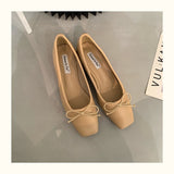 French Square Toe Bow Flats Shoes  Autumn Shallow Fairy All-match Gentle Office Dress Low Heels Pumps  Female  Ballerina