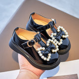 Toddlers Baby Girls Leather Shoes Children Flats T-strap Bow-knot with Pearls Princess Sweet Black Kids Shoes for Party British