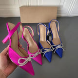 Women Blue Slingback Pumps High Heels Crystal Bowknot Party Dress Shoes Woman Sexy Pointed Toe Stiletto Heel Sandals Summer