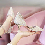 Elegant Ladies Ankle Strap Pumps High Heels Crystal Wedding Shoes Bride for Women Spring Pointed Toe Luxury Pumps Woman