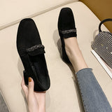 Crystal Chain Flock Loafers Women Low Heels Espadrilles Women Shoes Ballerina Retor Square Toe Nubuck Velvet Moccasins Flats