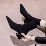 Women's Dress Pointed Mid-heeled Short Ankle Boot Female Autumn Knitted Block Low Heel High Socks Boots Shoes for women