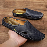 Summer New Genuine Leather Mens Half Slippers Breathable Casual Mules shoes Lightweight classic Non-slip driving flats Moccasins