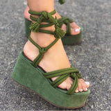 Summer Plus Size Platform Wedge Strappy Sandals Women Fashion Round Toe Cross Tied Height Increase Open Toe Women Sandals