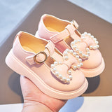 Toddlers Baby Girls Leather Shoes Children Flats T-strap Bow-knot with Pearls Princess Sweet Black Kids Shoes for Party British