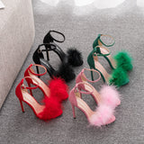 Crystal Queen Women Summer Sandals Fluffy Peep Toe Stilettos High Heels  Fur Feather Lady Wedding Shoes  Large Size 42