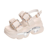 Metal Double Buckle Chunky Sandals Women Summer Shiny Crystal Platform Sandals Woman Fashion Pleated Thick Bottom Sandalias