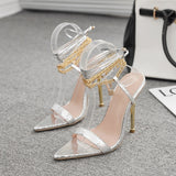 Summer  Sexy Luxury Trend Women Pumps Thin High Heel Peep Toe Ankle Lace Strap Metal Chain Decoration Ladies Shoes Female