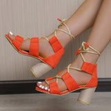 Women's Mix Color Round Heels Sandals Summer Lace Up Chunky High Heeled Gladiator Sandals Woman Roman Style