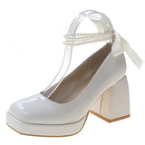 Lucyever Pearls Strap Platform Pumps Women Shoes  Fashion High Heels White Mary Janes Woman Thick Heeled Party Wedding Shoes