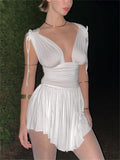 V-Neck Pleated Chiffon Mini Dress Sleeveless Wrap Slim High Waist Party Dresses Beach  New A-line Mini Sundress